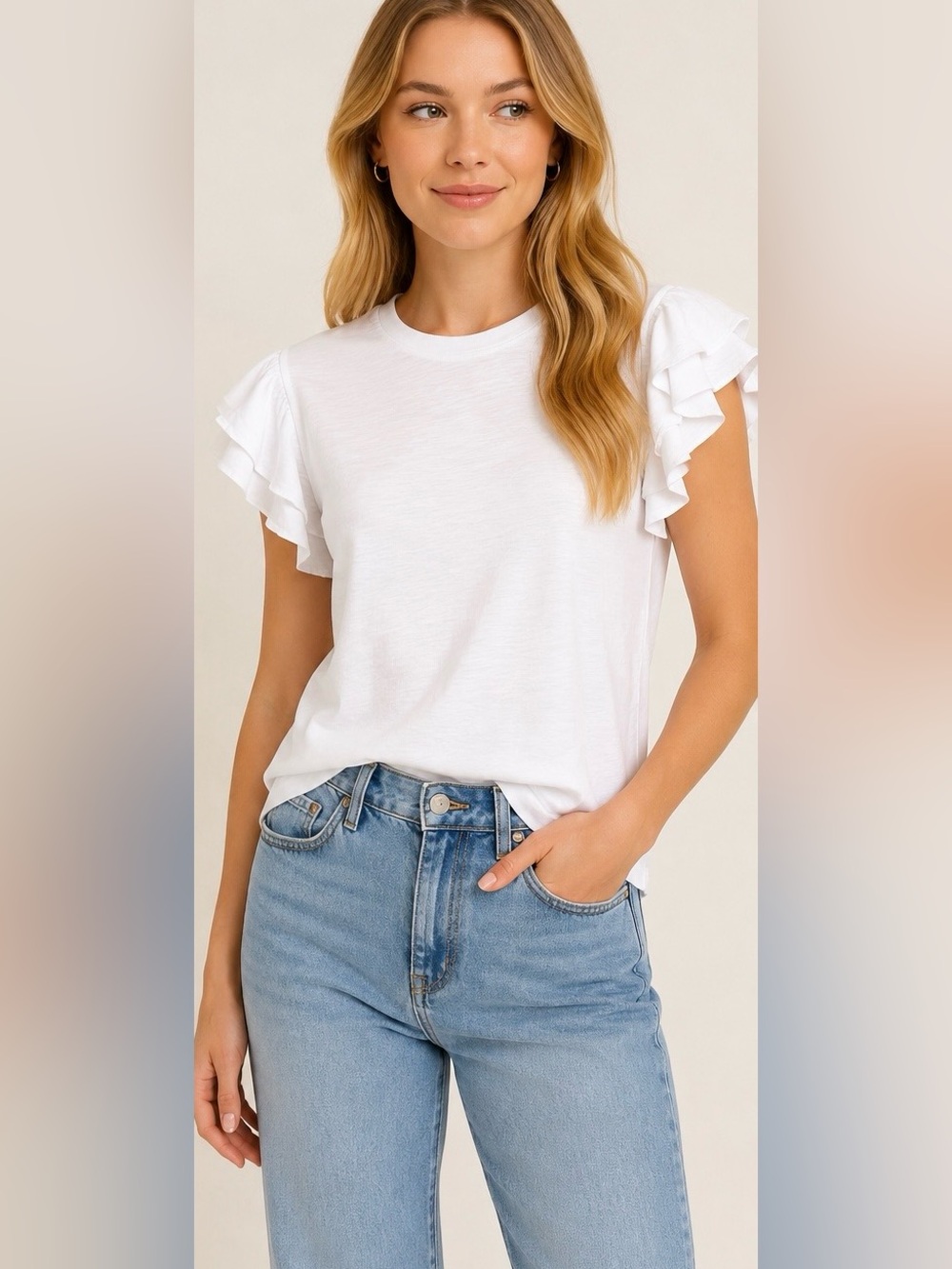 Industry Republic NWT White Pima Cotton Ruffle Flutter Sleeve Tee Size S